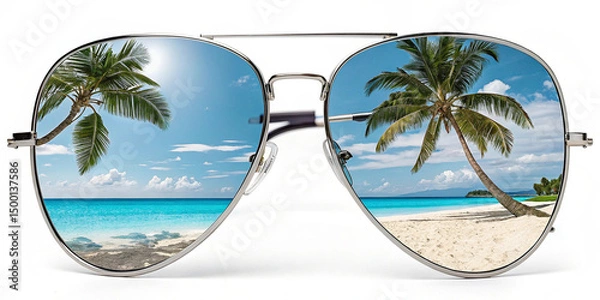 Fototapeta Pair of aviator sunglasses with tropical beach reflection in lenses, summer vacation vibe, isolated on transparent background