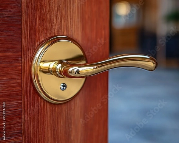 Fototapeta Open wood door with shiny gold handle, blurry background