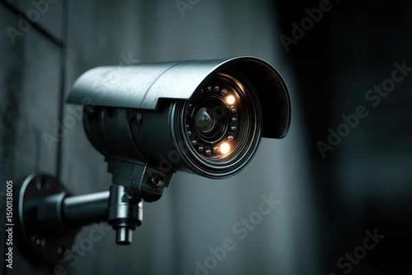 Fototapeta A modern metallic security camera with infrared LEDs mounted on a concrete wall, providing enhanced surveillance for safety and property protection with its watchful eye.
