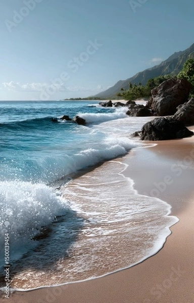Obraz Waves Gently Crashing on the Sandy Beach With Mountains in the Background During a Sunny Day