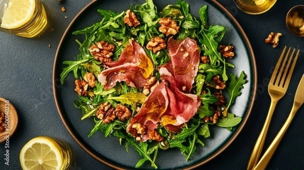 Obraz Fresh Arugula Salad With Prosciutto, Walnuts, and Cheese Served on Decorative Plate