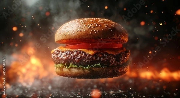 Obraz Juicy Hamburger With Fresh Ingredients Floating in Smoky Background
