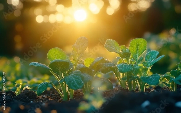 Obraz Fresh Green Sprouts Emerging in a Garden at Sunrise Highlighting the Beauty of Nature