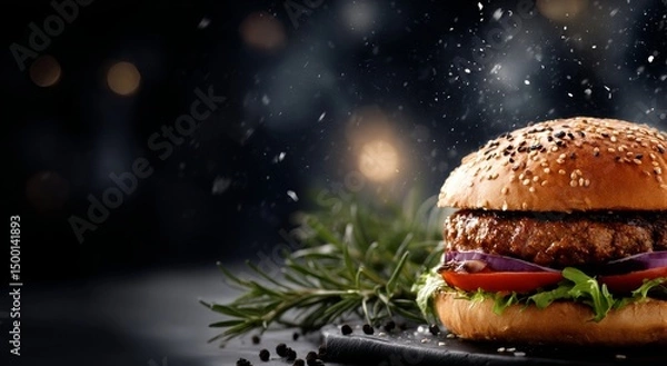 Obraz Juicy Burger With Sesame Bun and Fresh Vegetables Presented on a Dark Background