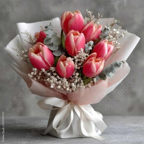 Fototapeta Red tulips wrapped in a large paper bouquet creating a romantic and elegant floral arrangement