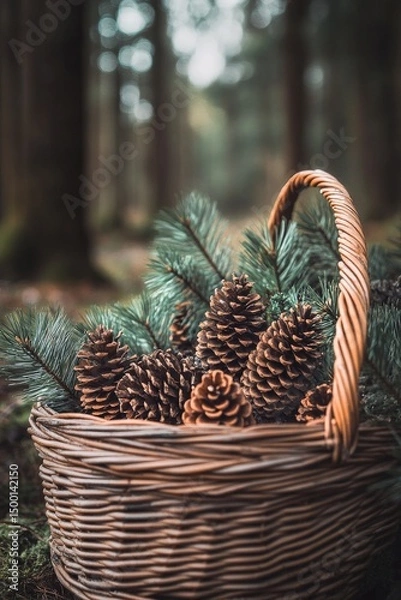 Obraz Basket Filled With Pinecones and Evergreen Branches in a Tranquil Forest Setting