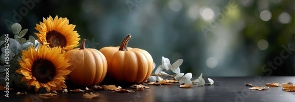 Obraz Bright Sunflowers and Pumpkins Create a Warm Autumn Display in a Natural Setting