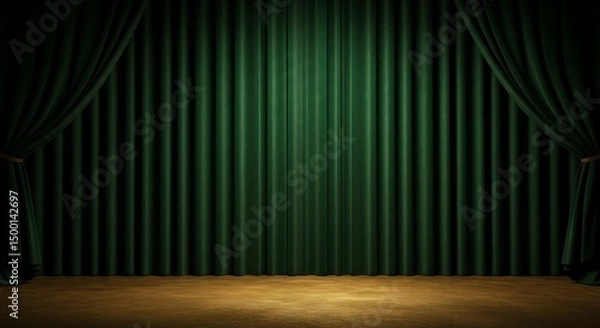 Fototapeta Emerald Velvet Drapes A Stage for Dreams, Performance, and Timeless Elegance