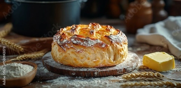 Obraz Freshly Baked Bread on a Wooden Board With Butter and Ingredients in a Cozy Kitchen Setting