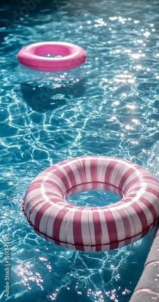 Obraz Colorful Pool Rings Floating in Clear Water Under Bright Sunlight During Summer Afternoon