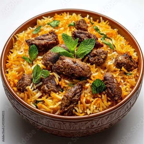Obraz Savor Delicious Rice Dish With Tender Chunks of Meat and Fresh Herbs in a Beautiful Bowl