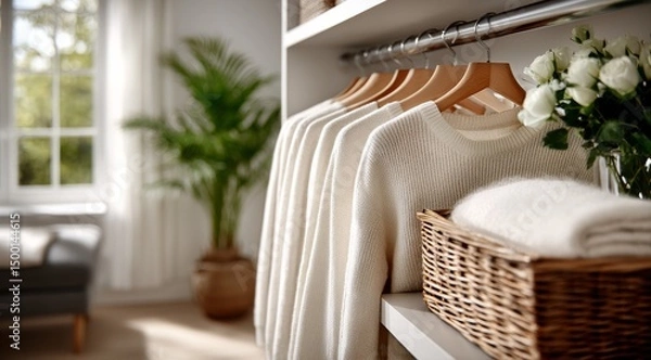 Obraz Cozy Living Space With Neatly Arranged Clothing and Decorative Elements in a Bright Room
