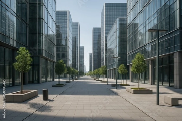 Fototapeta Urban oasis amidst towering glass structures creates a serene pathway for pedestrians and cyclists in the bustling downtown area