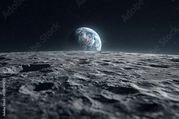Fototapeta A breathtaking view of Earth from the Moon's surface, under a starry sky, with craters and lunar landscape stretching into the distance, creating a sense of wonder.