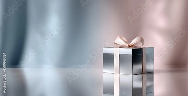 Obraz Elegant Silver Gift Box With Ribbon on Colorful Pastel Background