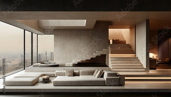 Fototapeta Minimalist modern interior featuring layered platforms, soft lighting, a staircase, and city skyline view
