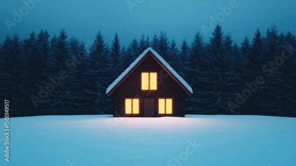 Fototapeta A cozy cabin with glowing windows stands in a snowy clearing, surrounded by dense pine trees at dusk.