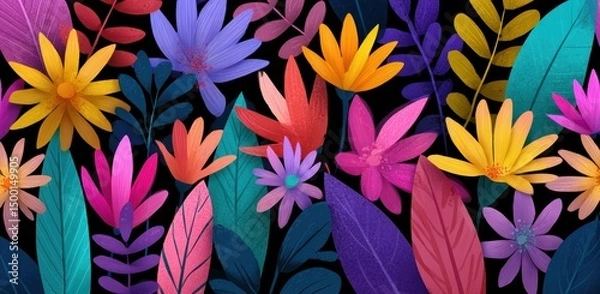 Fototapeta Colorful tropical flowers and leaves creating vibrant jungle pattern