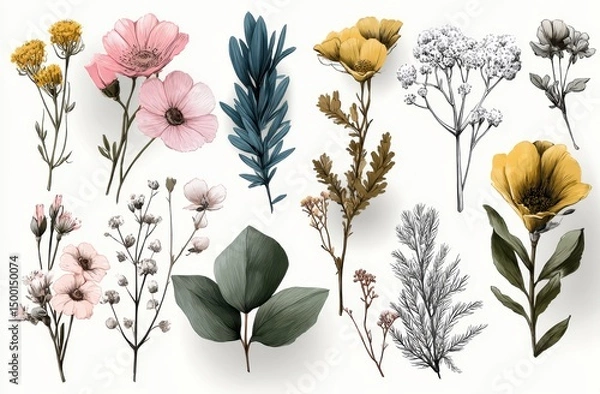 Fototapeta Vintage Hand-Drawn Wildflowers and Plants Set – Botanical Sketch Collection in Pastel Colors