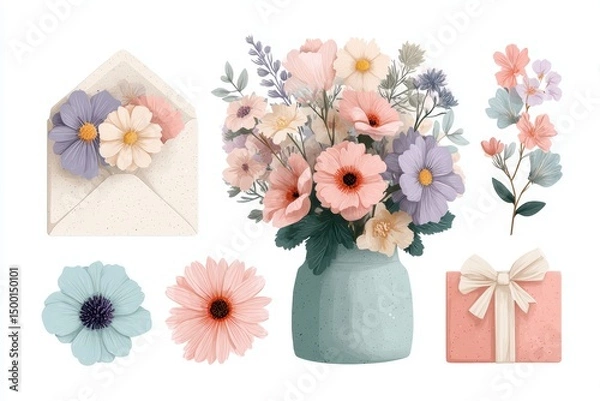 Fototapeta Flat Illustration Set of Bouquets, Flower Envelopes, and Gift Boxes – Spring Design Elements Collection