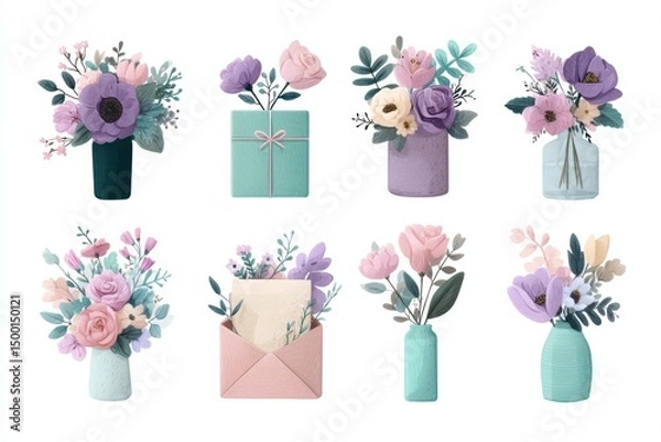Fototapeta Flat Illustration Set of Bouquets, Flower Envelopes, and Gift Boxes – Spring Design Elements Collection