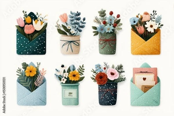 Fototapeta Flat Illustration Set of Bouquets, Flower Envelopes, and Gift Boxes – Spring Design Elements Collection