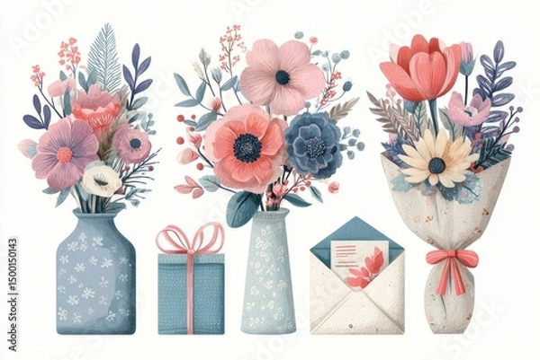 Fototapeta Flat Illustration Set of Bouquets, Flower Envelopes, and Gift Boxes – Spring Design Elements Collection