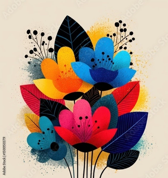 Fototapeta Bold Abstract Floral Doodle Set – Hand-Drawn Tropical Clip Art Elements on Light Background