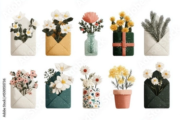 Fototapeta Flat Illustration Set of Bouquets, Flower Envelopes, and Gift Boxes – Spring Design Elements Collection