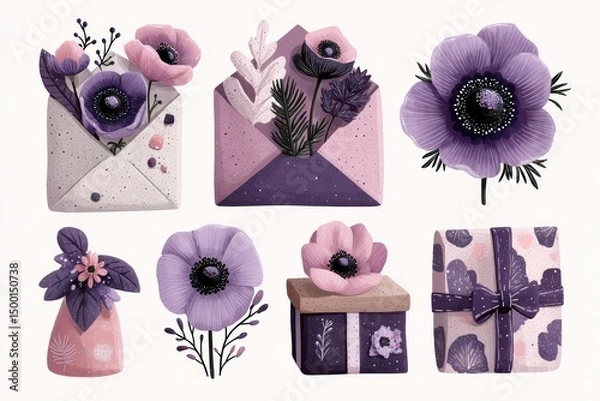 Fototapeta Flat Illustration Set of Bouquets, Flower Envelopes, and Gift Boxes – Spring Design Elements Collection