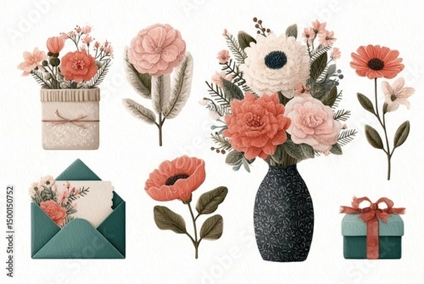Fototapeta Flat Illustration Set of Bouquets, Flower Envelopes, and Gift Boxes – Spring Design Elements Collection