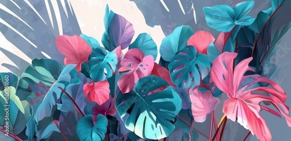 Fototapeta Abstract Pink and Blue Tropical Leaves Illustration – Modern Botanical Art for Wall Decor