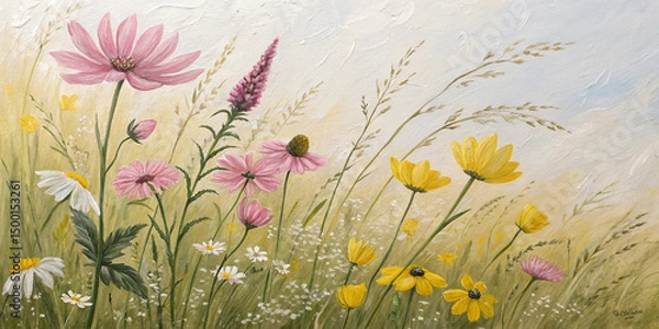 Fototapeta strong textured acrylic painting of wild flowers, vibrant colors including light pink and lemon yellow colors, ivory, beige and yellow green textured background