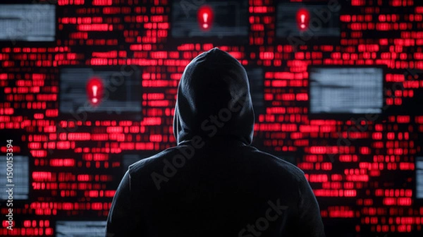 Fototapeta Analyzing data breaches in cybersecurity. A hoodie-clad figure watches warning alerts flashing in red and black on multiple screens in a dark setting.