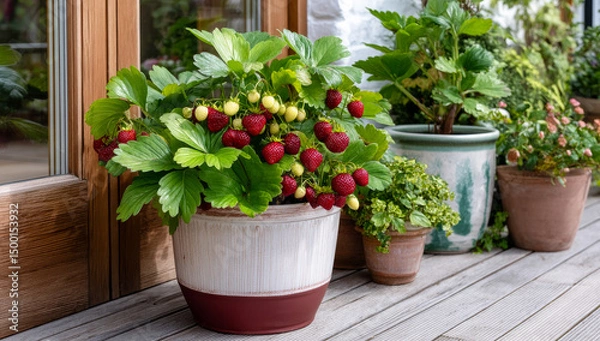Obraz Strawberry plants thrive on wooden deck. Bright red strawberries and green leaves grow abundantly in pots on a sunlit wooden deck surrounded by other plants.