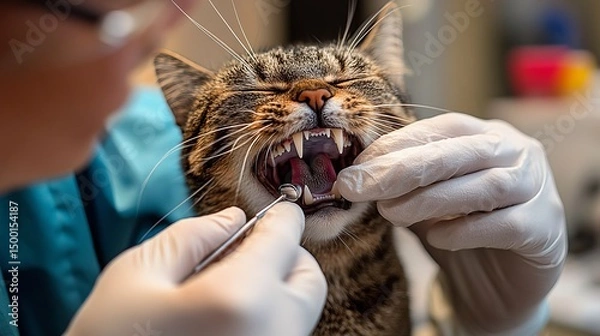 Fototapeta Tabby cat is having its teeth examined by a vet wearing white gloves in a brightly lit room.