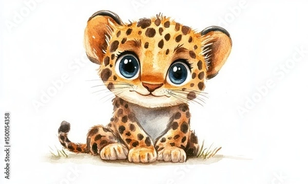 Obraz Cute leopard doll with big eyes, watercolor style. AI generated illustration.