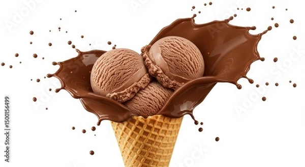 Obraz Chocolate ice cream scoops in a cone with chocolate splash isolated on a white background