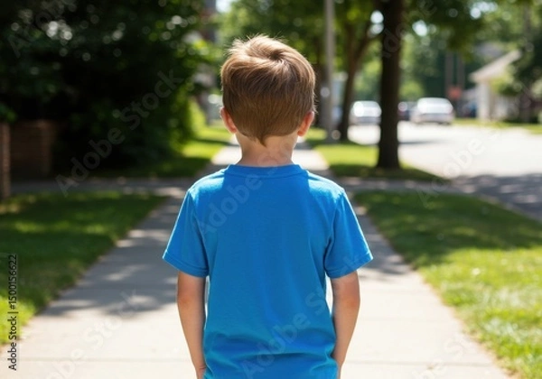 Obraz Boy in blue shirt walks down a sidewalk in a suburban neighborhood