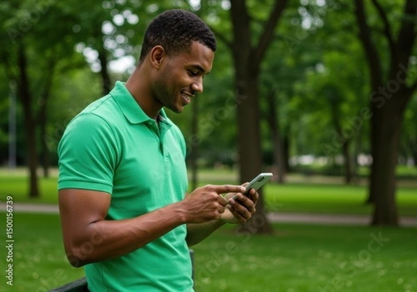 Obraz Man using mobile phone in a park with trees in the background