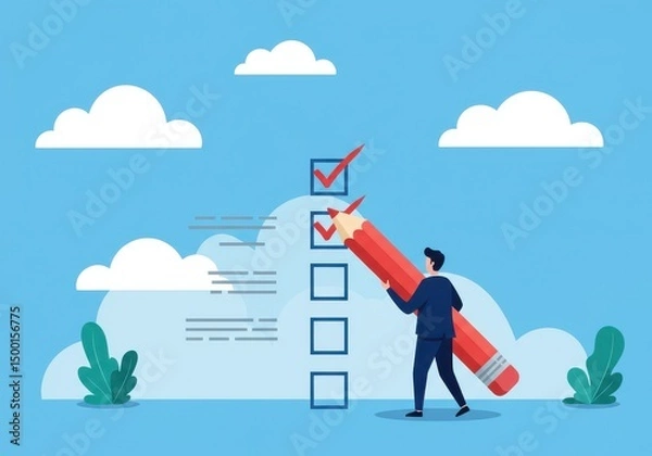Obraz Man holding a large pencil completing a checklist on a blue background