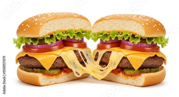 Obraz Two hamburgers with cheese and fresh vegetables isolated on a white background