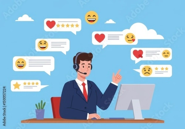 Obraz Customer service agent with feedback and review speech bubbles
