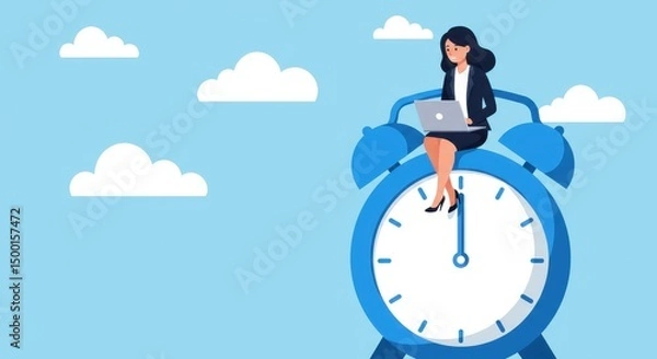 Obraz Woman sitting on alarm clock working on laptop with clouds in the sky