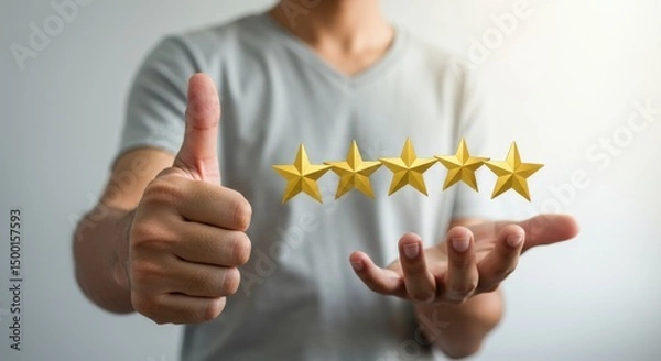 Obraz Person holding five golden stars with thumb up on a neutral background