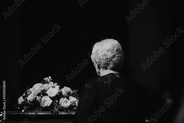 Fototapeta A solemn moment as a person mourns, looking towards a flower-adorned coffin. The image captures a scene of grief and remembrance