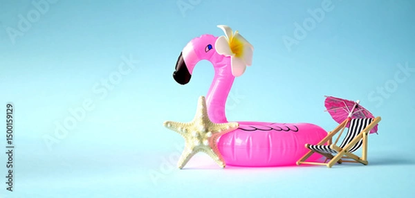 Obraz Pink inflatable flamingo with flower and starfish. Summer pool float party idea. Summer concept.
