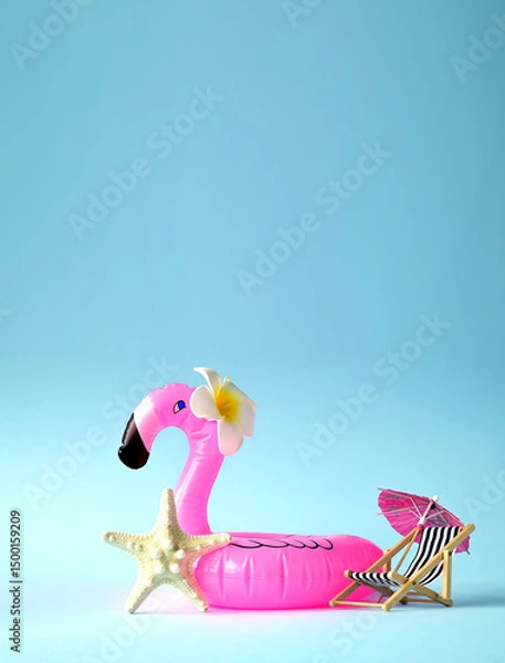 Obraz Pink inflatable flamingo with flower and starfish. Summer pool float party idea. Summer concept.