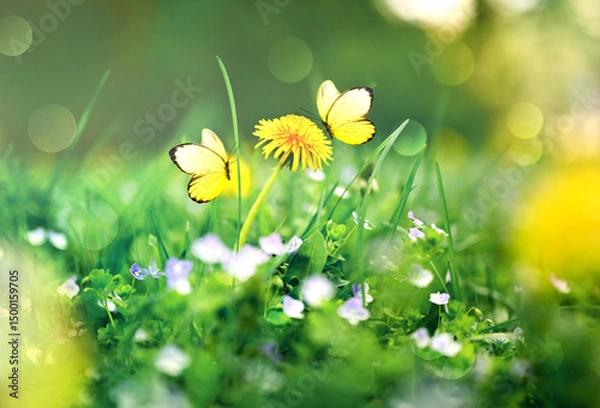 Obraz Beautiful summer or spring meadow with yellow flower and two flying butterflies. Wild nature landscape.