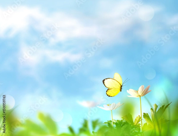 Obraz Beautiful wild flowers and butterfly in meadow summer nature.
